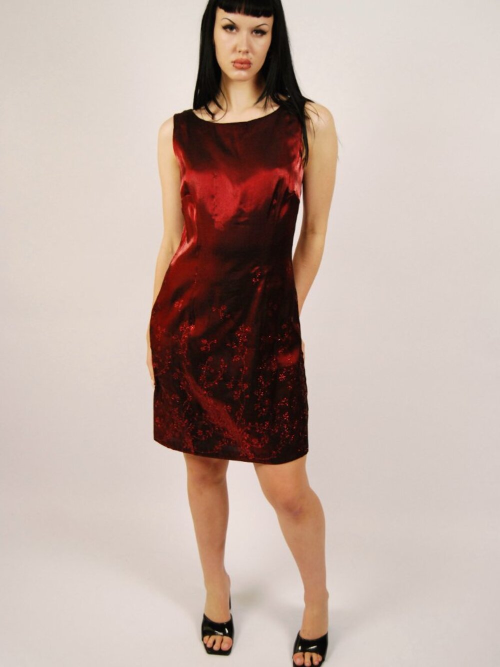 90s Metallic Dress (8) red vintage midi shiny organza vampy dance cocktail cute